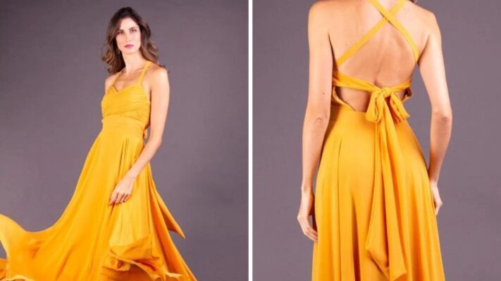 banner com duas imagens de uma mulher vestindo vestido longo amarelho