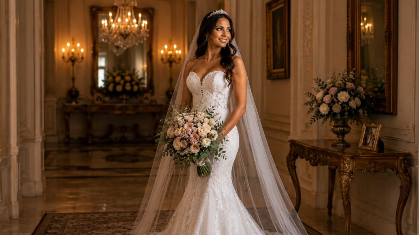 noiva com vestido princesa segurando um buquê grande