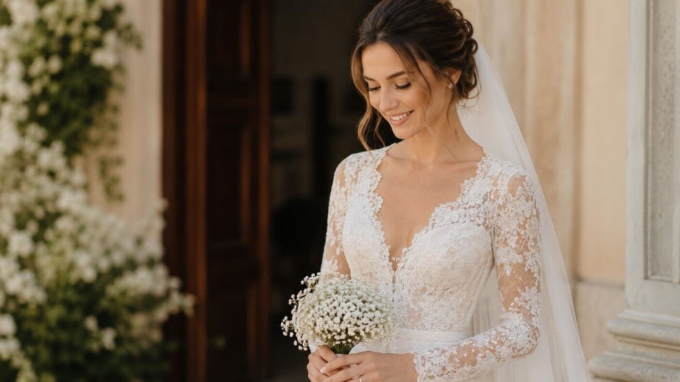 noiva de vestido de renda segurando buquê pequeno