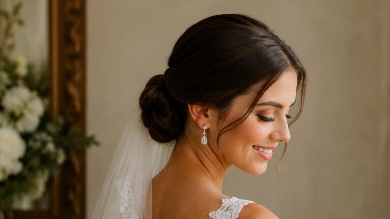 noiva de lado com penteado de coque baixo