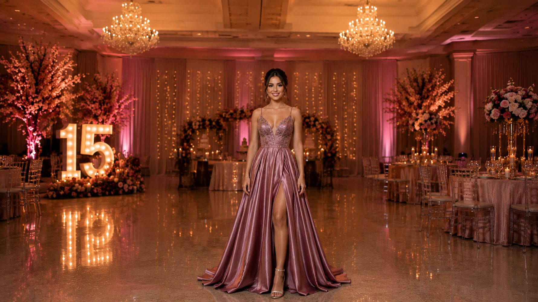 convidada de festa de 15 anos com vestido rosa com decote em v e fenda