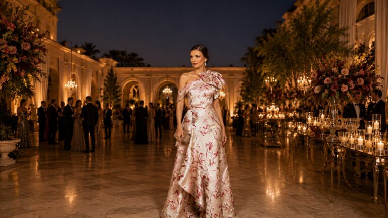 Mulher elegante em uma festa sofisticada usando vestido de festa estampado floral Arthur Caliman em tecido nobre, com modelagem refinada e ambiente luxuoso iluminado por velas e lustres.