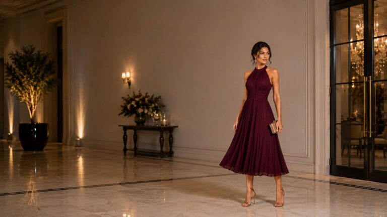 mulher com vestido midi vinho frente única