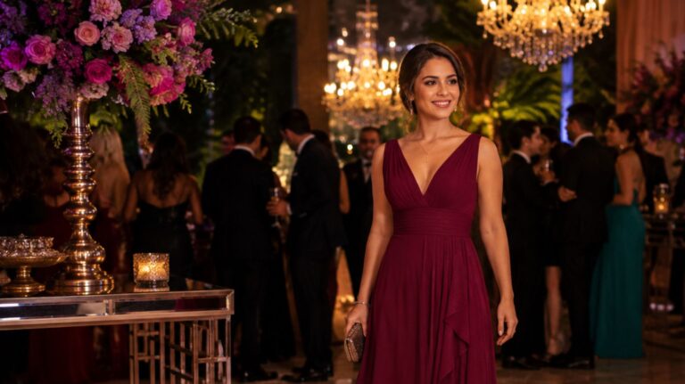 mulher com vestido marsala de festa com decote em v