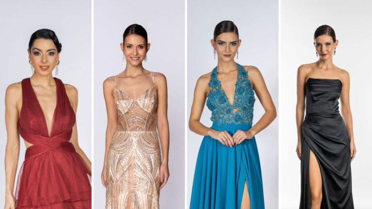 montagem com quatro modelos com vestidos de formatura vermelho, dourado, azul claro e preto