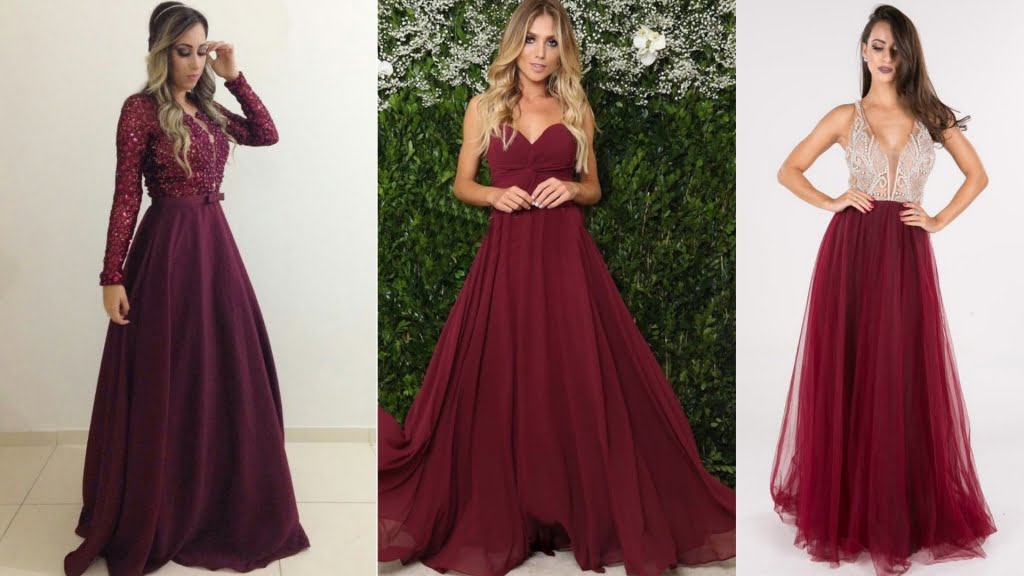 Os vestidos de festa marsala no estilo princesa possui um toque de romantismo dos contos de fadas, que é possível pela saia volumosa.