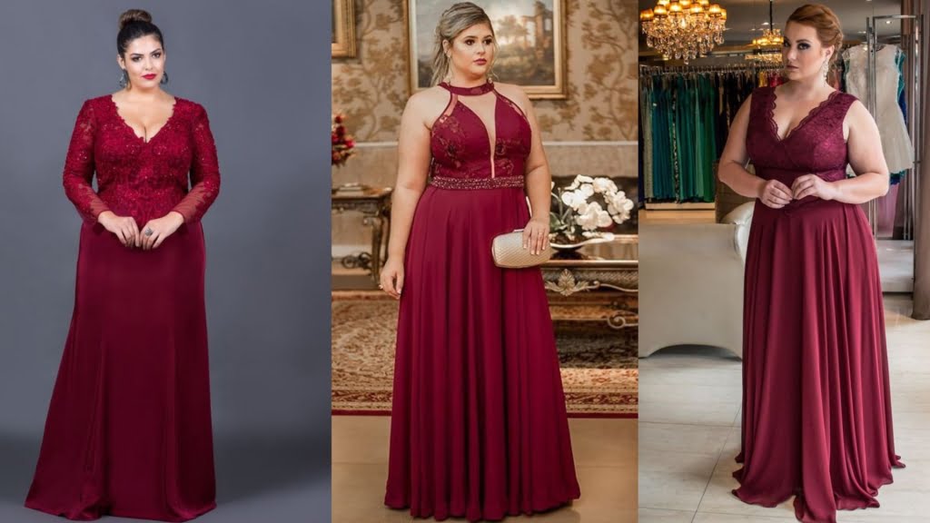 O tom de marsala é perfeito para vestido de festa plus size.