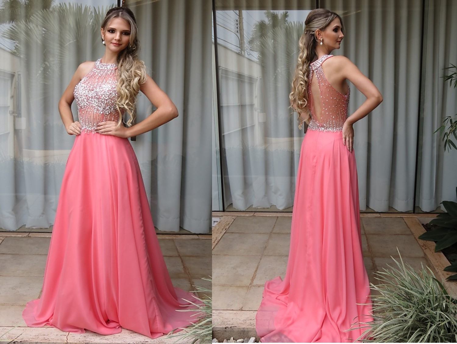 vestido de formatura rosa longo