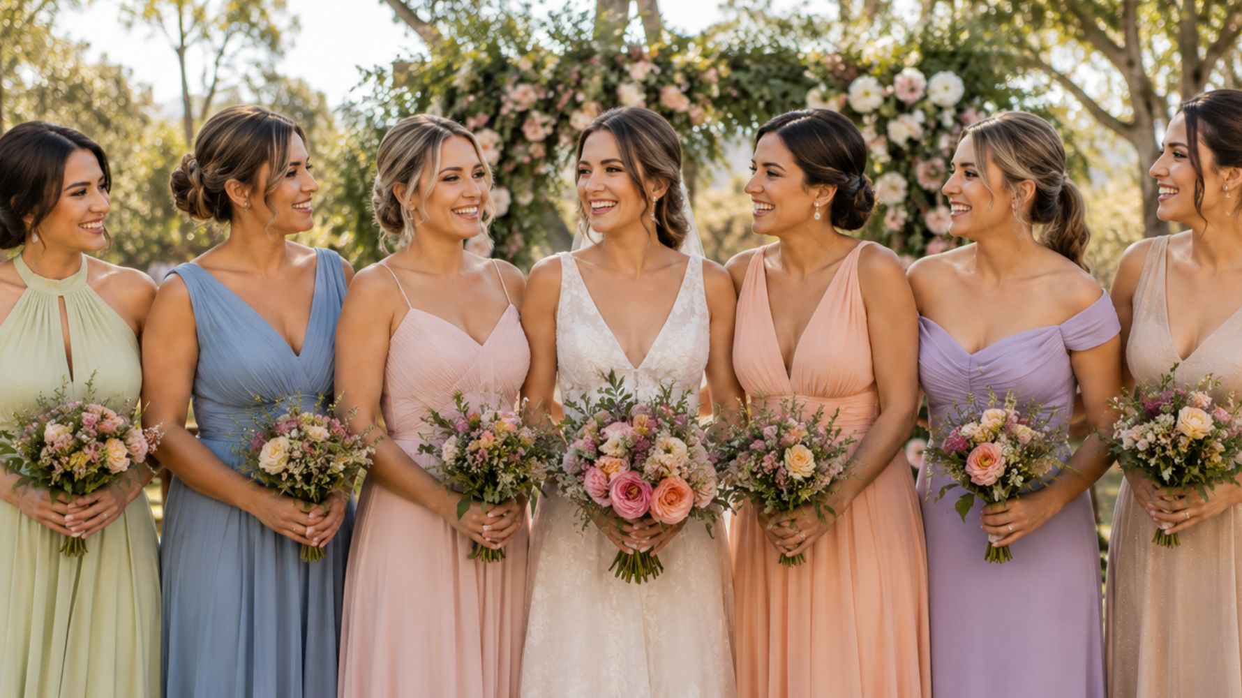 Madrinhas de casamento em cerimônia ao ar livre durante o dia usando vestidos elegantes em tons suaves e modelagens sofisticadas para inspiração de casamento diurno.