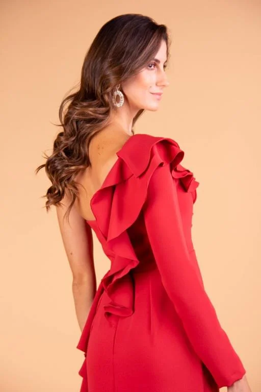 Vestido de Festa Longo Uma Manga com Fenda