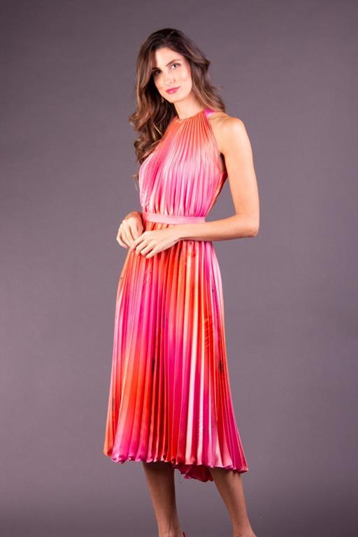 Vestido de Festa Midi Rosa com Laranja