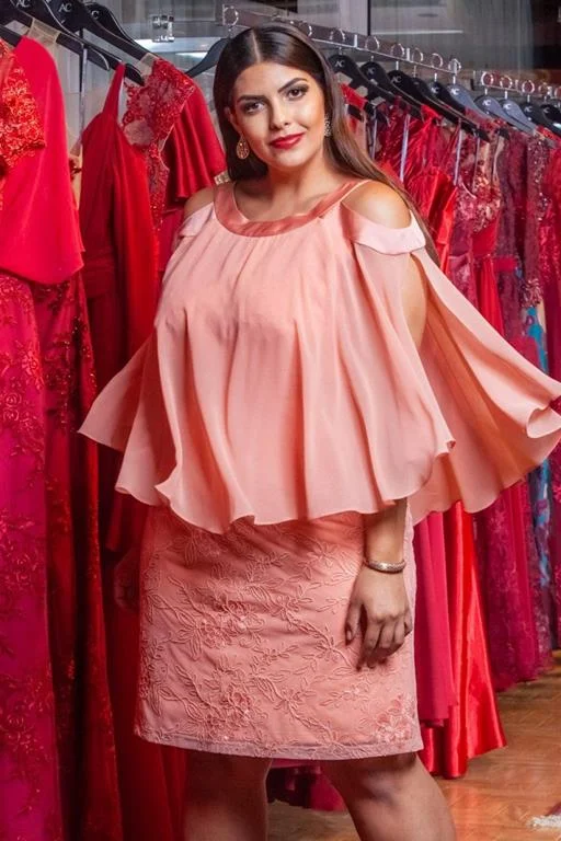 Vestido de Festa Plus Size Curto Salmon