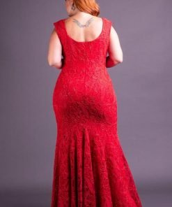 Vestido de Festa Plus Size de renda vermelho bordado a mão frente e costas