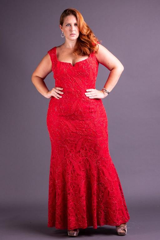 Vestido de Festa Plus Size de renda vermelho bordado a mão frente e costas