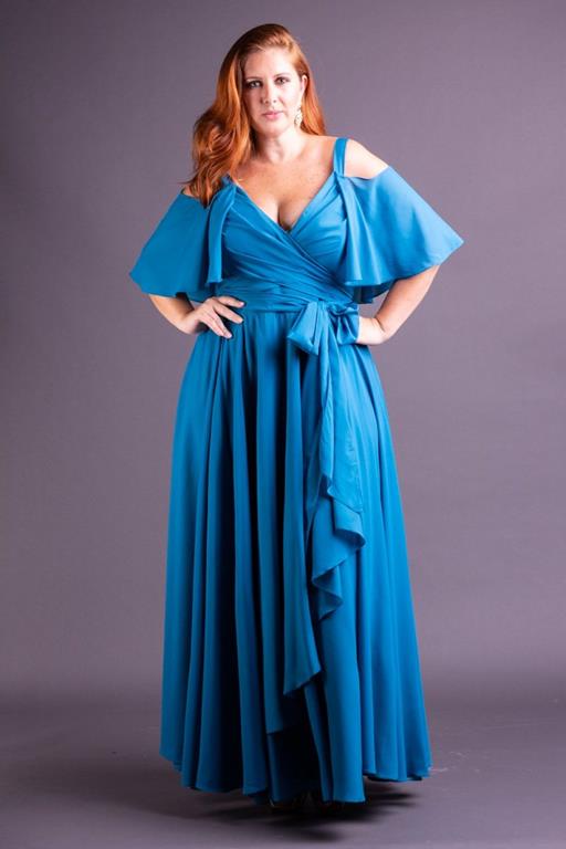 Vestido de Festa Plus Size longo saia de cascata com busto transpassado paris