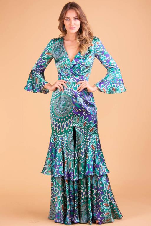 vestido de festa com decote transpassado