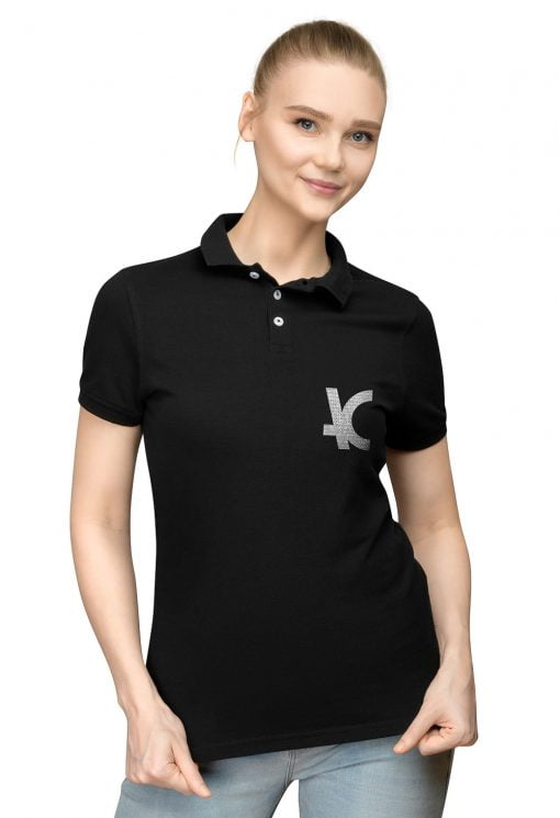 Camiseta polo feminina preta bordado prata P1