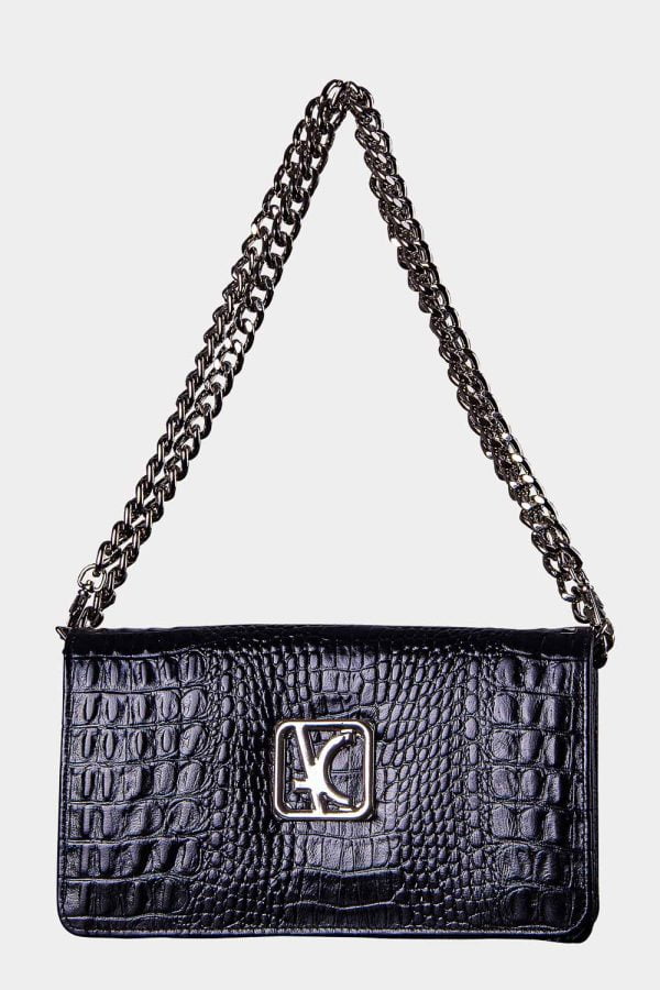 Bolsa carteira kate em couro croco preto niquel