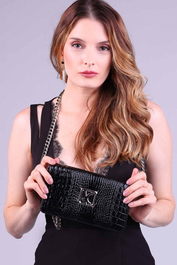 Bolsa carteira kate em couro croco preto niquel