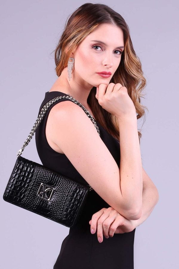 Bolsa carteira kate em couro croco preto niquel