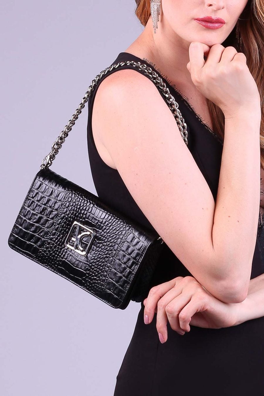 Bolsa carteira kate em couro croco preto niquel