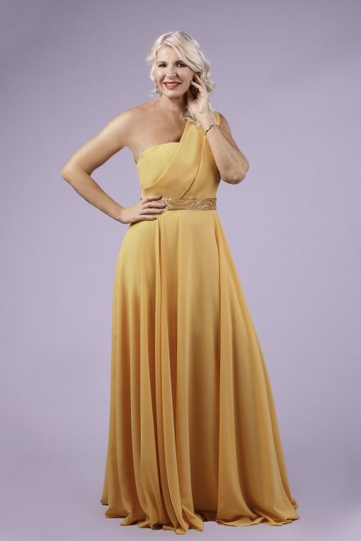 Vestido de festa para mãe da noiva modelo peach dream na cor amarelo