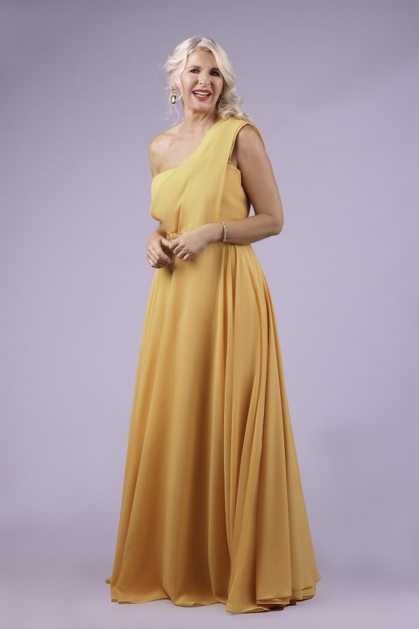 Vestido de festa para mãe da noiva modelo peach dream na cor amarelo