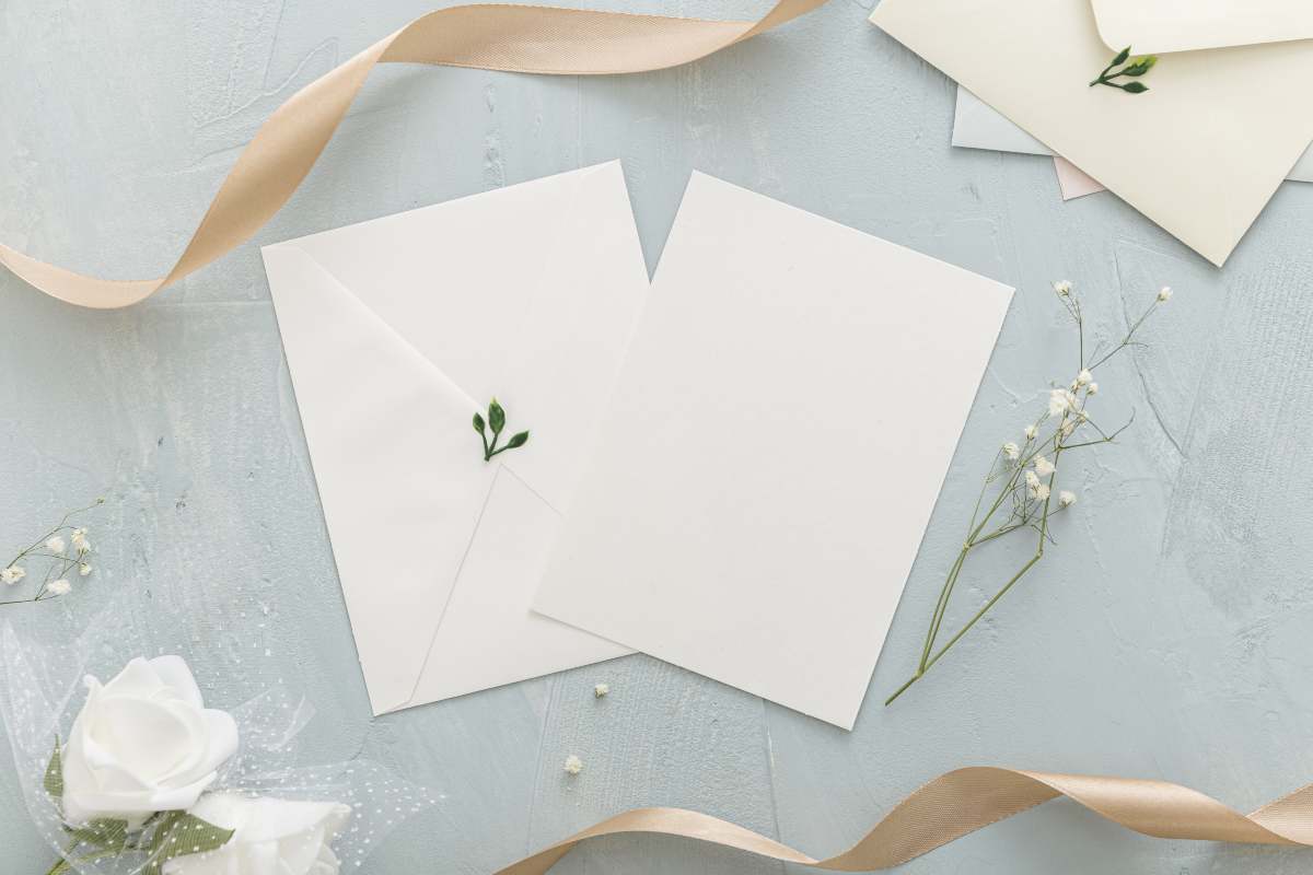 convite de casamento rodeado de fita de cetim e florzinhas em um fundo azul claro