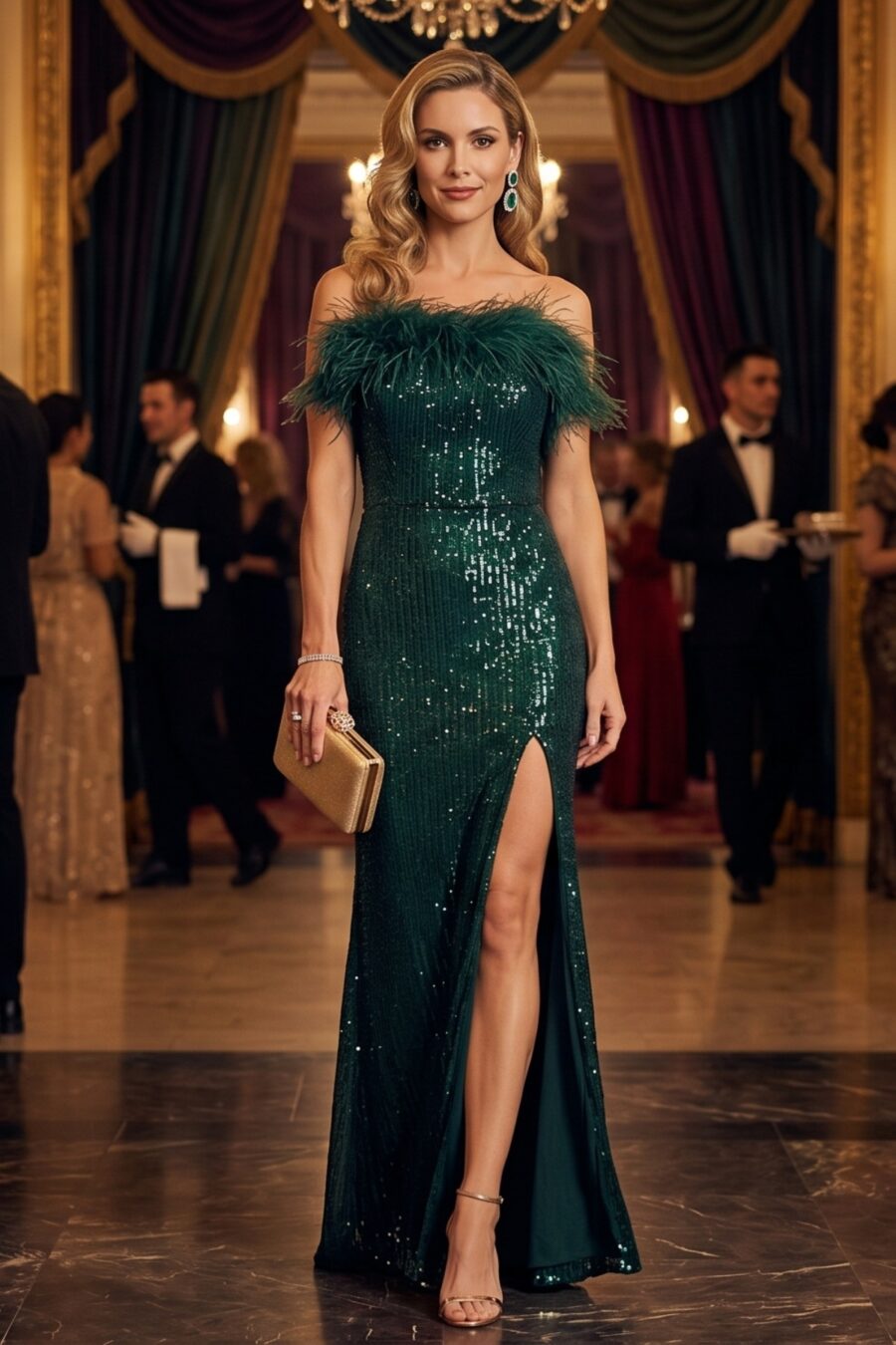 Vestido de festa longo com fenda na cor verde em paete com plumas modelo Lu Gimenez , perfeito para baile de gala ou você usar em festas de formatura