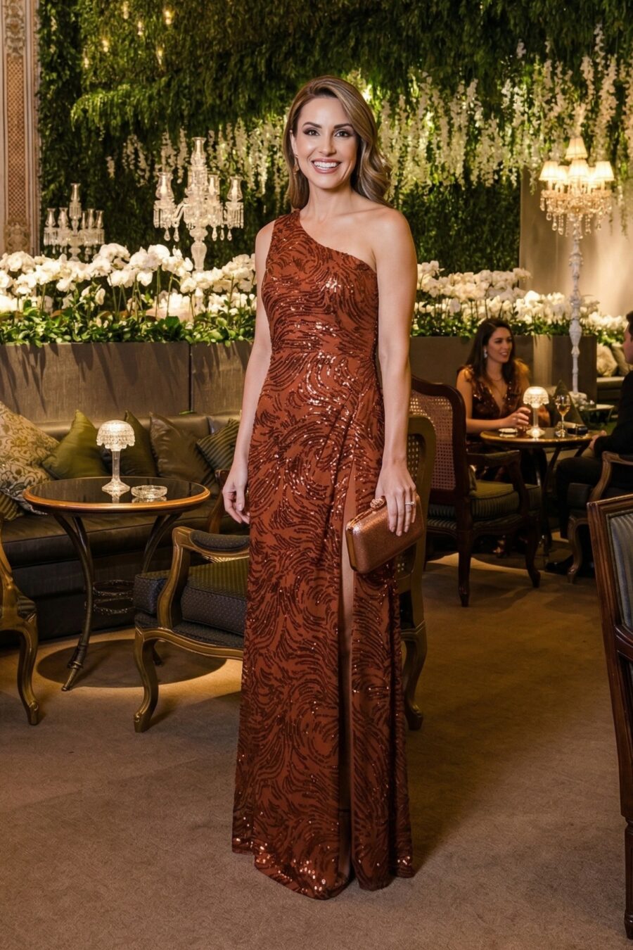 Vestido de festa longo na cor vermelho paetê fusion