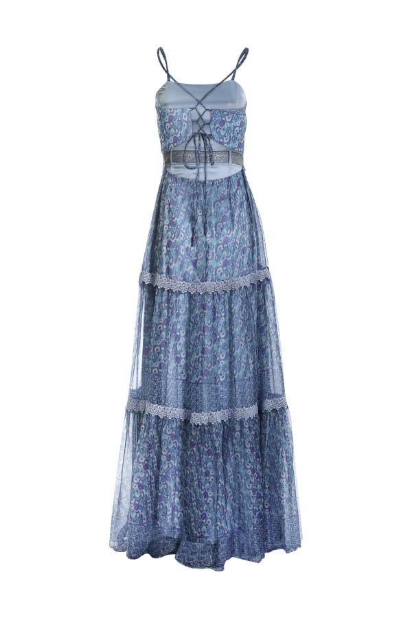 Vestido de festa longo cor azul estampado modelo Jane perfeito para madrinha de casamento na praia ou convidada de casamento.