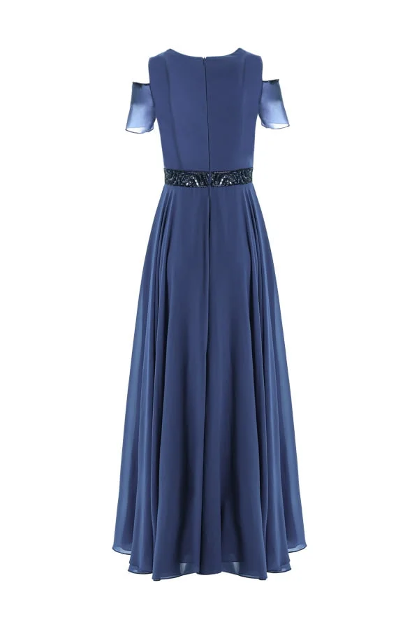 Vestido de festa longo bordado cor azul verde aron