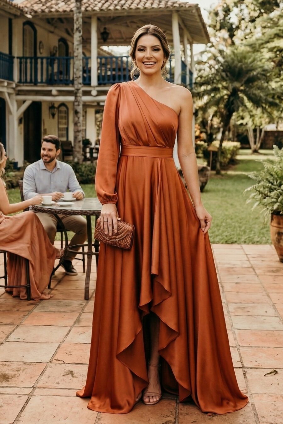Vestido de festa com fenda longo cor laranja queen para madrinha de casamento ou convidada