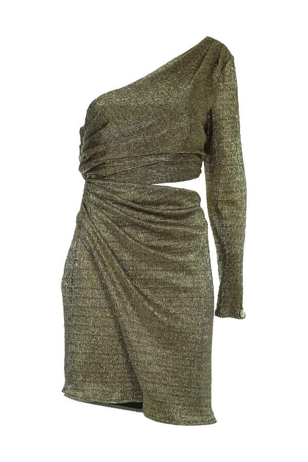 Vestido de festa curto de uma manga só cor bronze modelo opaque