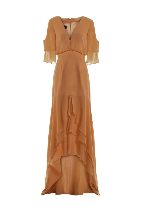 Vestido de festa longo na cor laranja modelo lais ribeiro