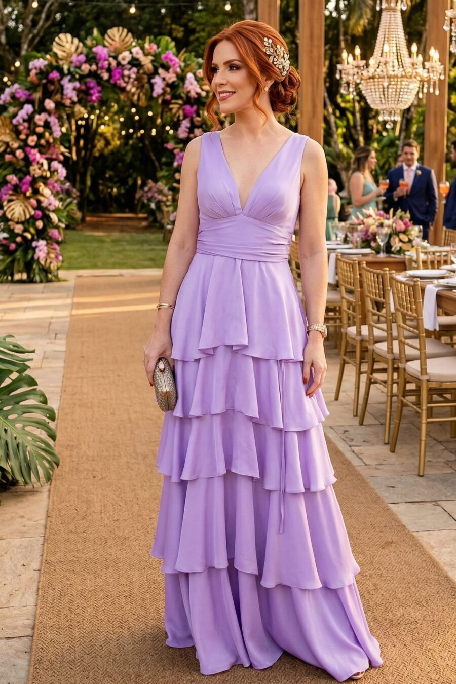 Vestido de festa longo na cor lavanda com saia de camadas de babados para madrinhas de casamento
