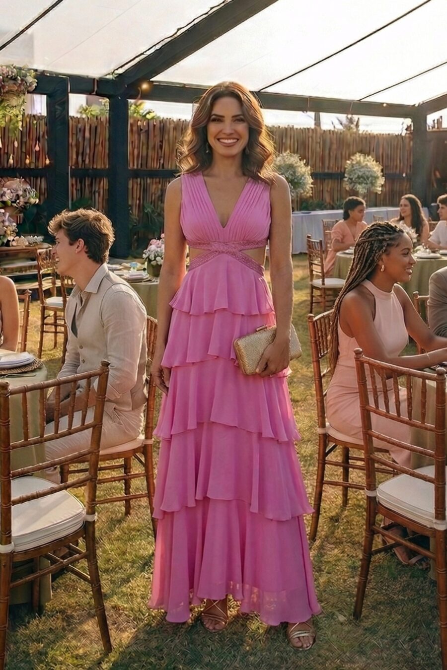 Vestido de festa longo cor lilas com saia de babados e cintura bordada a mão modelo Alicia, perfeito para madrinhas de casamento no campo ou praia