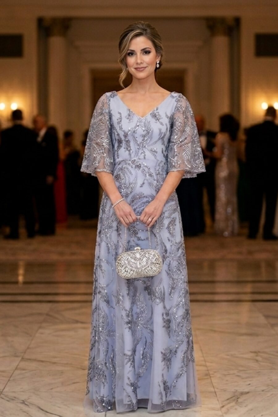 Vestido de Festa Longo Bordado Azul Greta Garbo