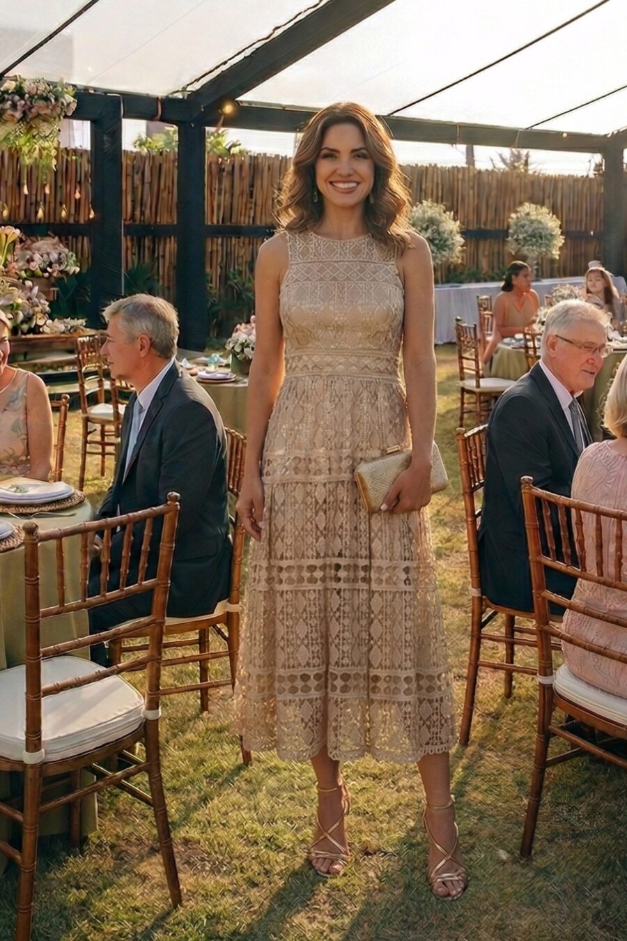 Vestido de festa midi na cor nude modelo elegante monaco perfeito para convidada de casamento