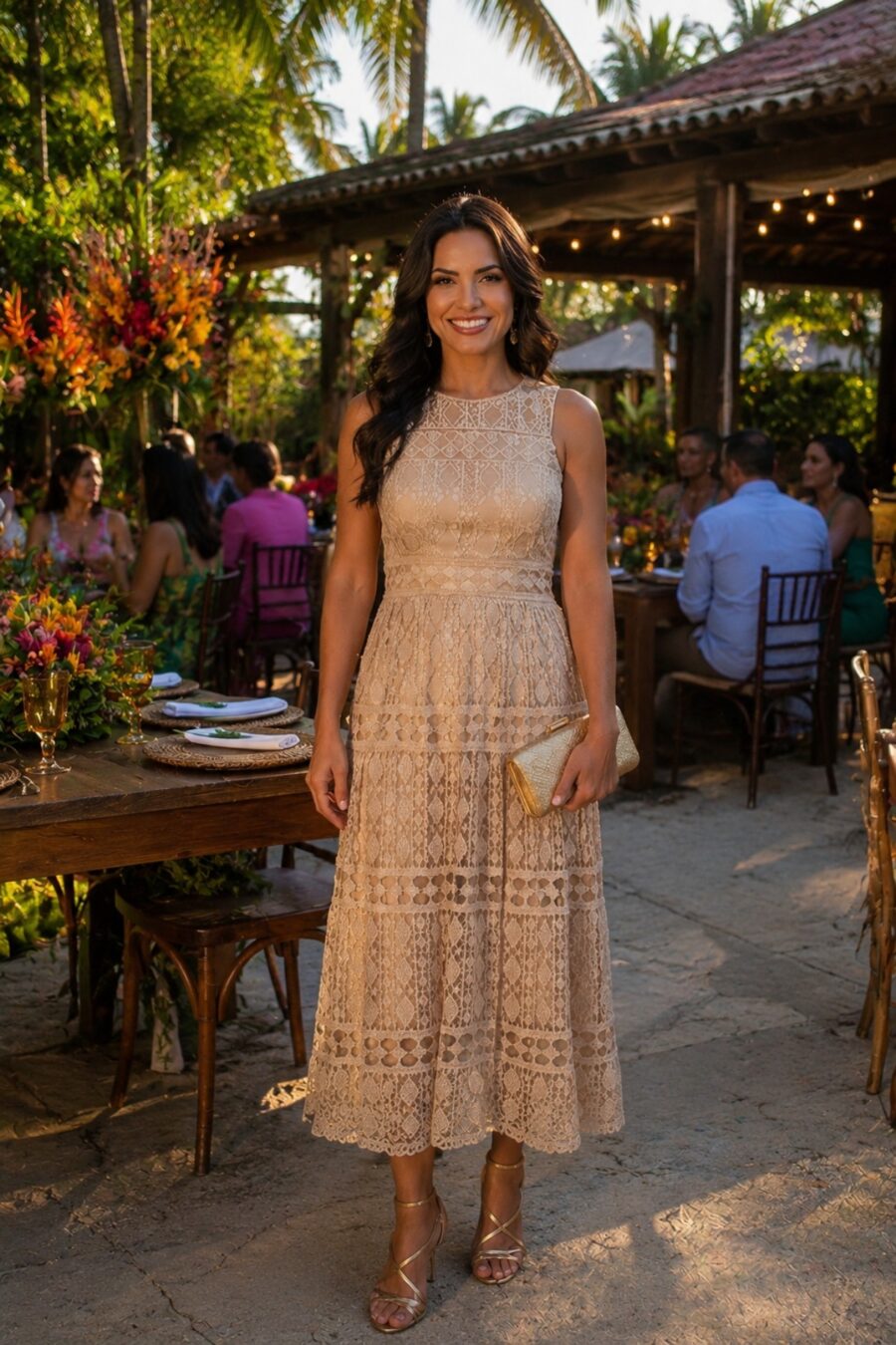 Vestido de festa midi na cor nude modelo elegante monaco perfeito para convidada de casamento