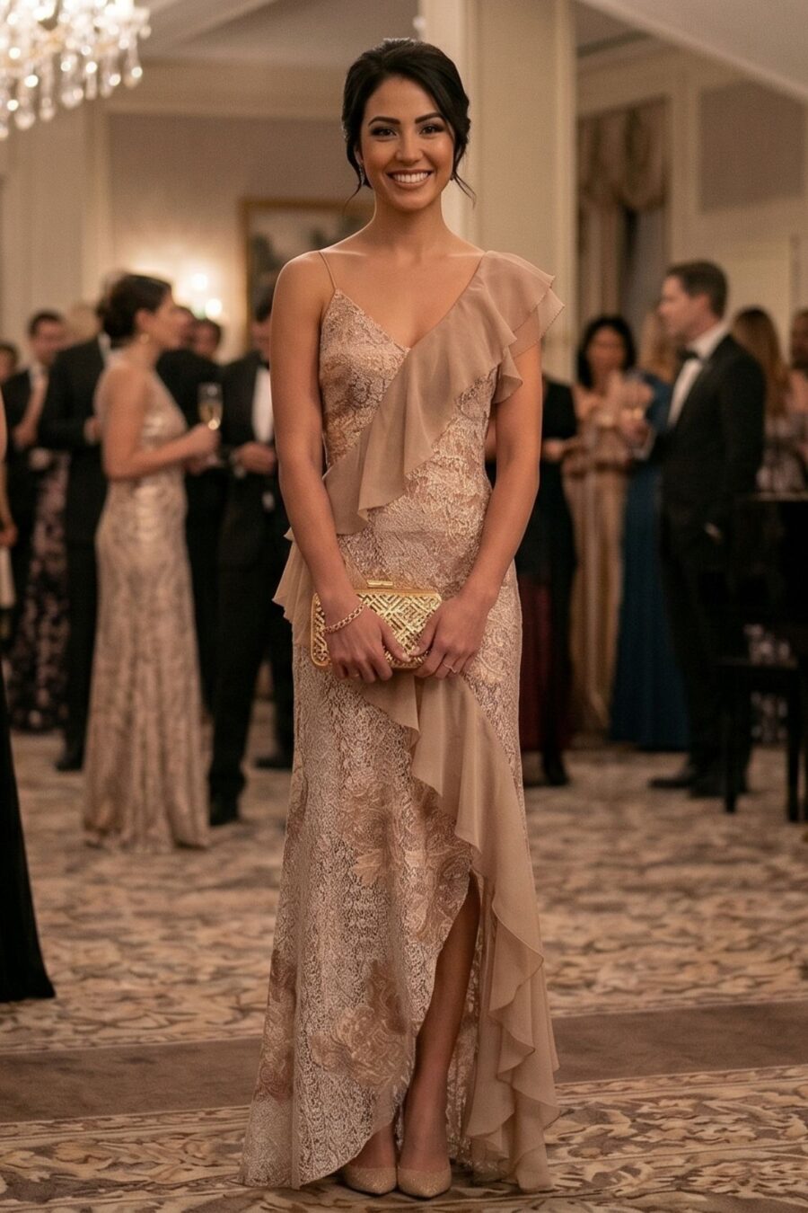 Vestido de festa longo mix de renda nude toulose