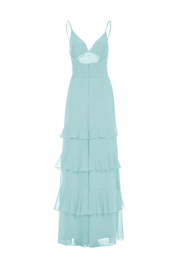 Vestido de festa longo com babados para casamentos azul acqua