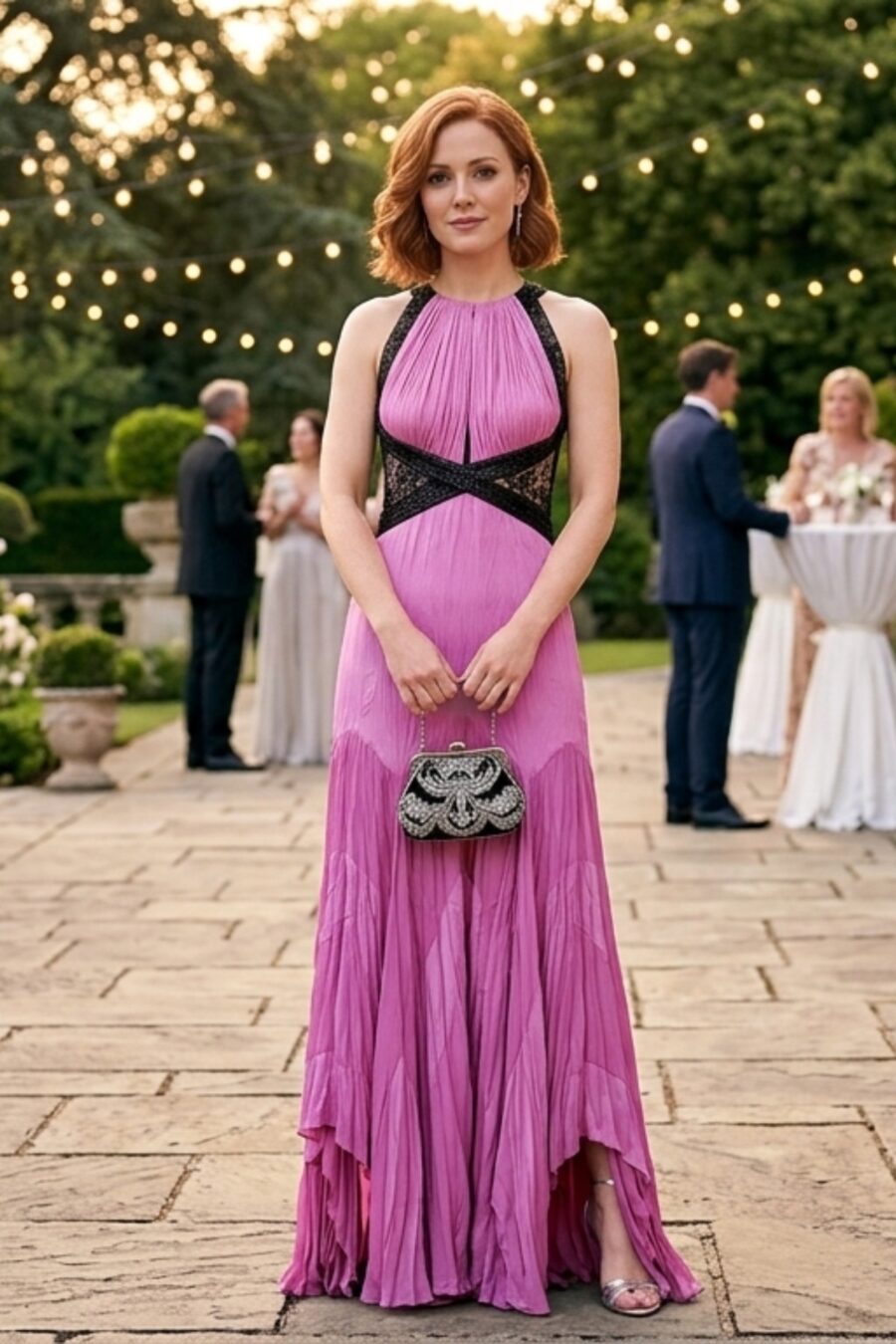 Vestido de festa longo na cor rosa bicolor com detalhes em preto, modelo Lizzy, perfeito para convidada ou madrinha de casamento.
