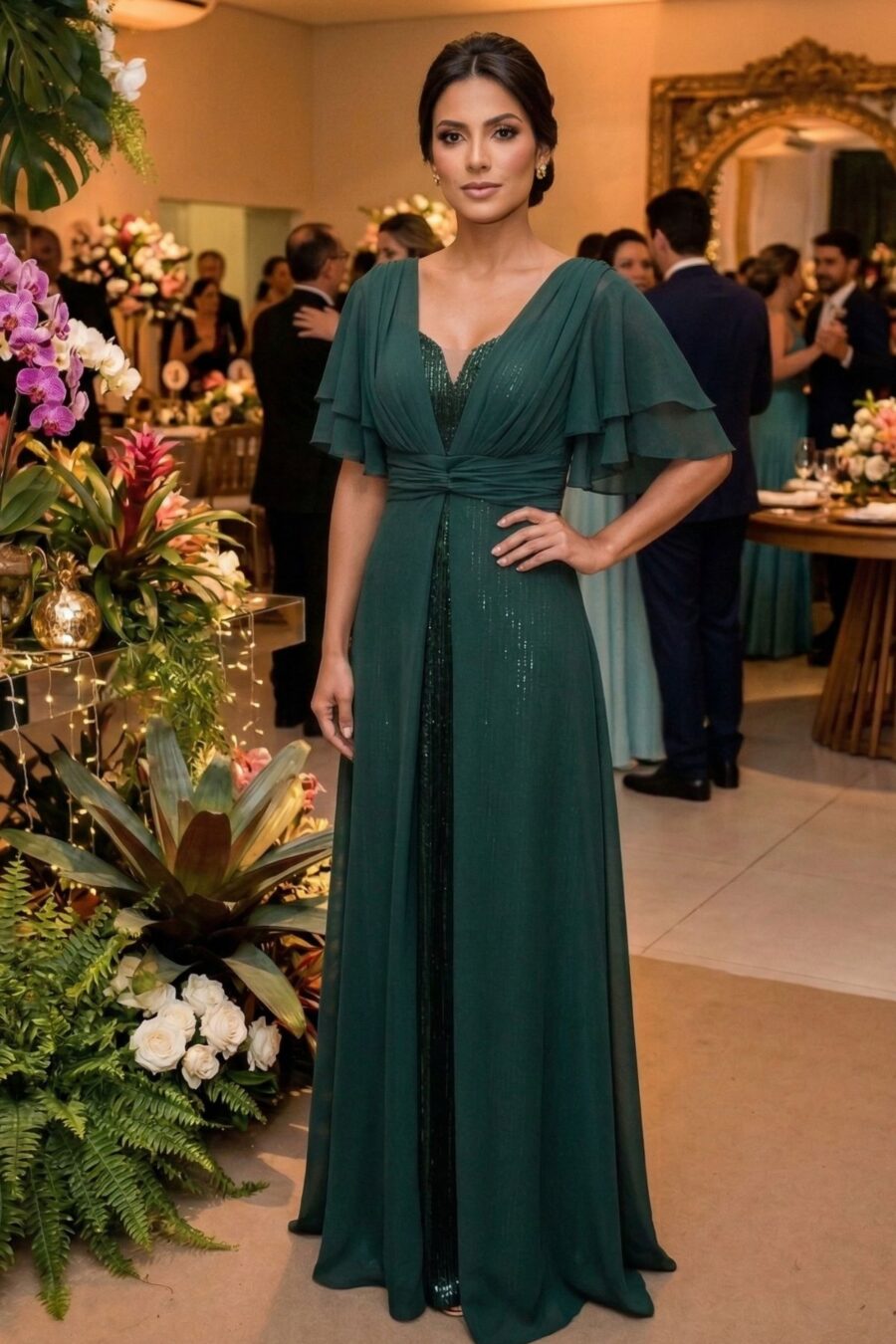 Vestido de festa longo na cor verde modelo athina onasis , perfeito para mãe da noiva ou mãe do noivo usarem nos casamentos