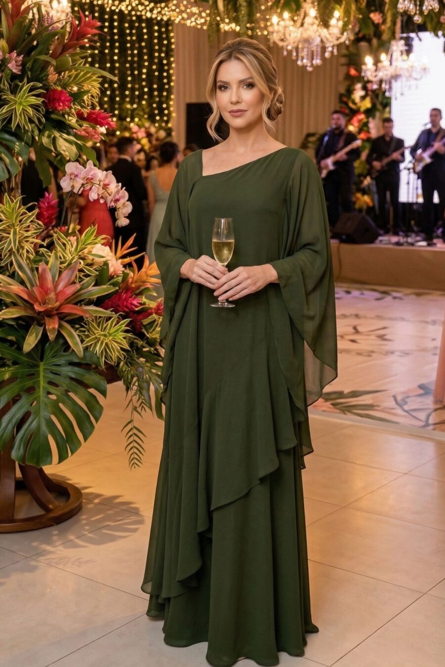 Vestido longo de festa na cor verde oliva, com mangas e babados na saia, podendo ser confeccionado no tecido chiffon creponado ou georgete de seda..