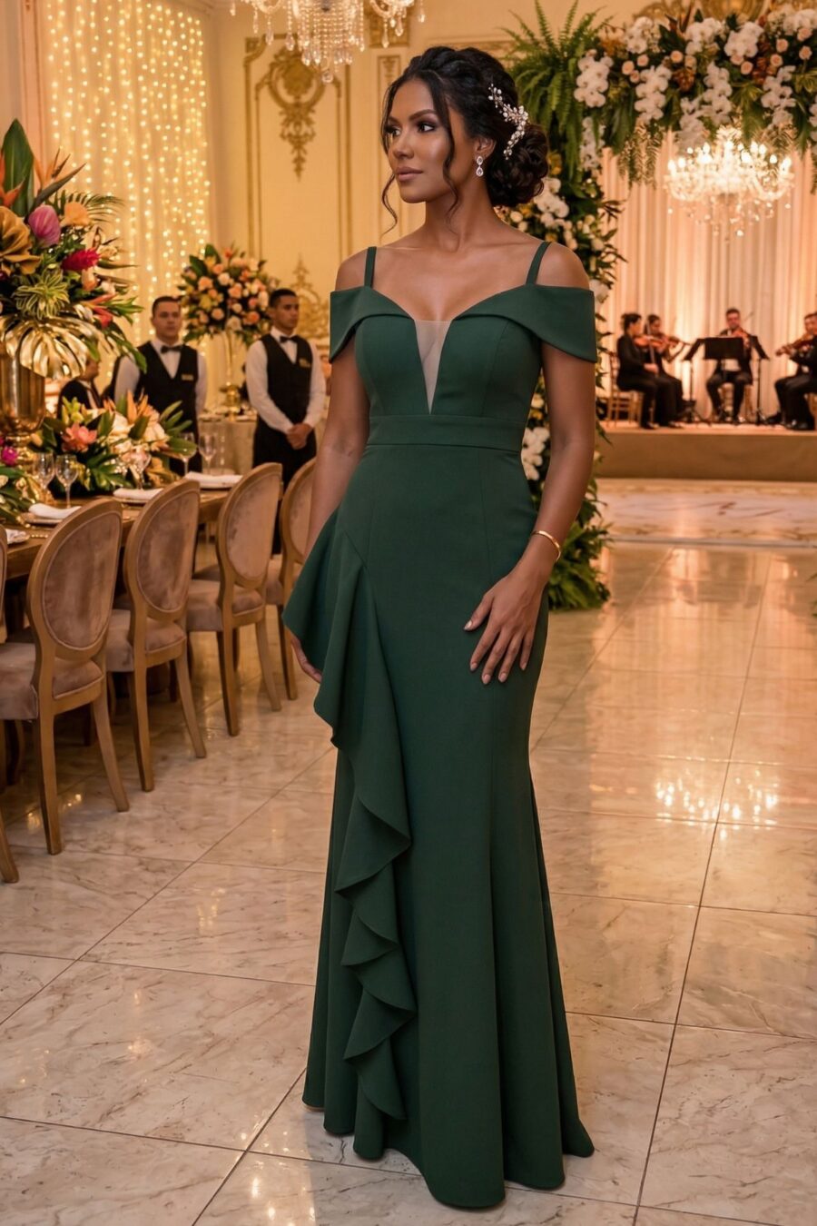 Vestido de festa longo na cor verde oliva em tecido crepe modelo ibérico, perfeito para madrinha de casamento e mães dos noivos.