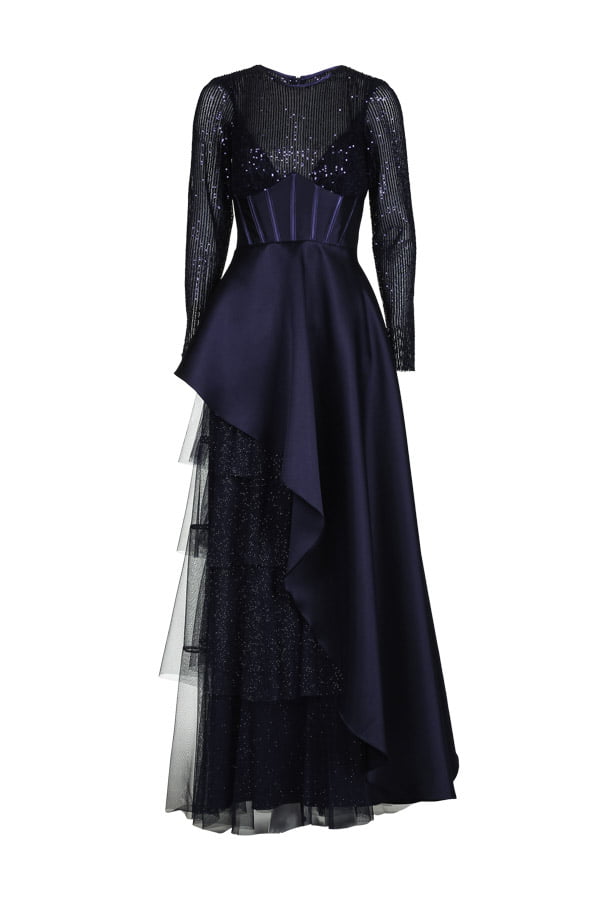 Vestido de festa longo na cor azul noite baile great gatsby