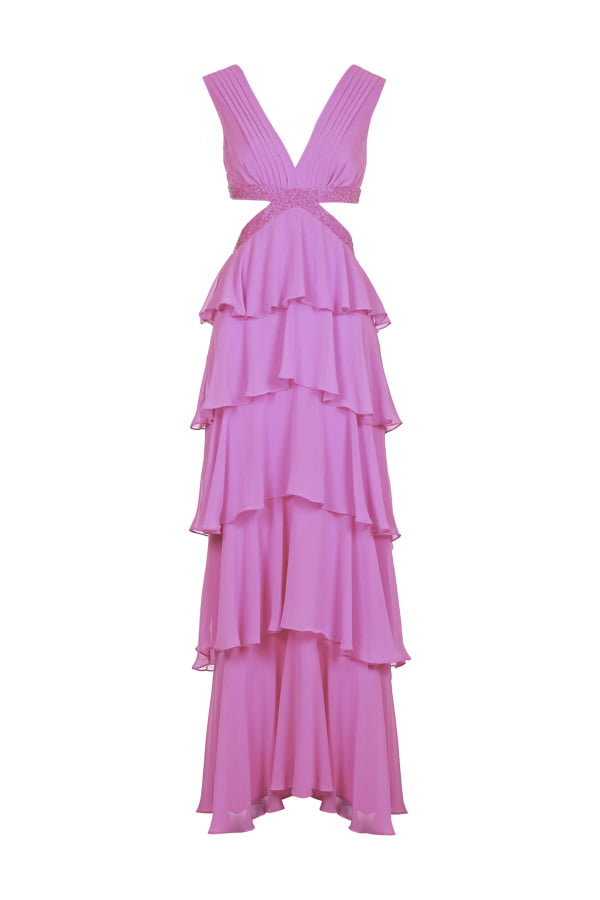 Vestido de festa longo cor lilas com saia de babados e cintura bordada a mão modelo Alicia, perfeito para madrinhas de casamento no campo ou praia