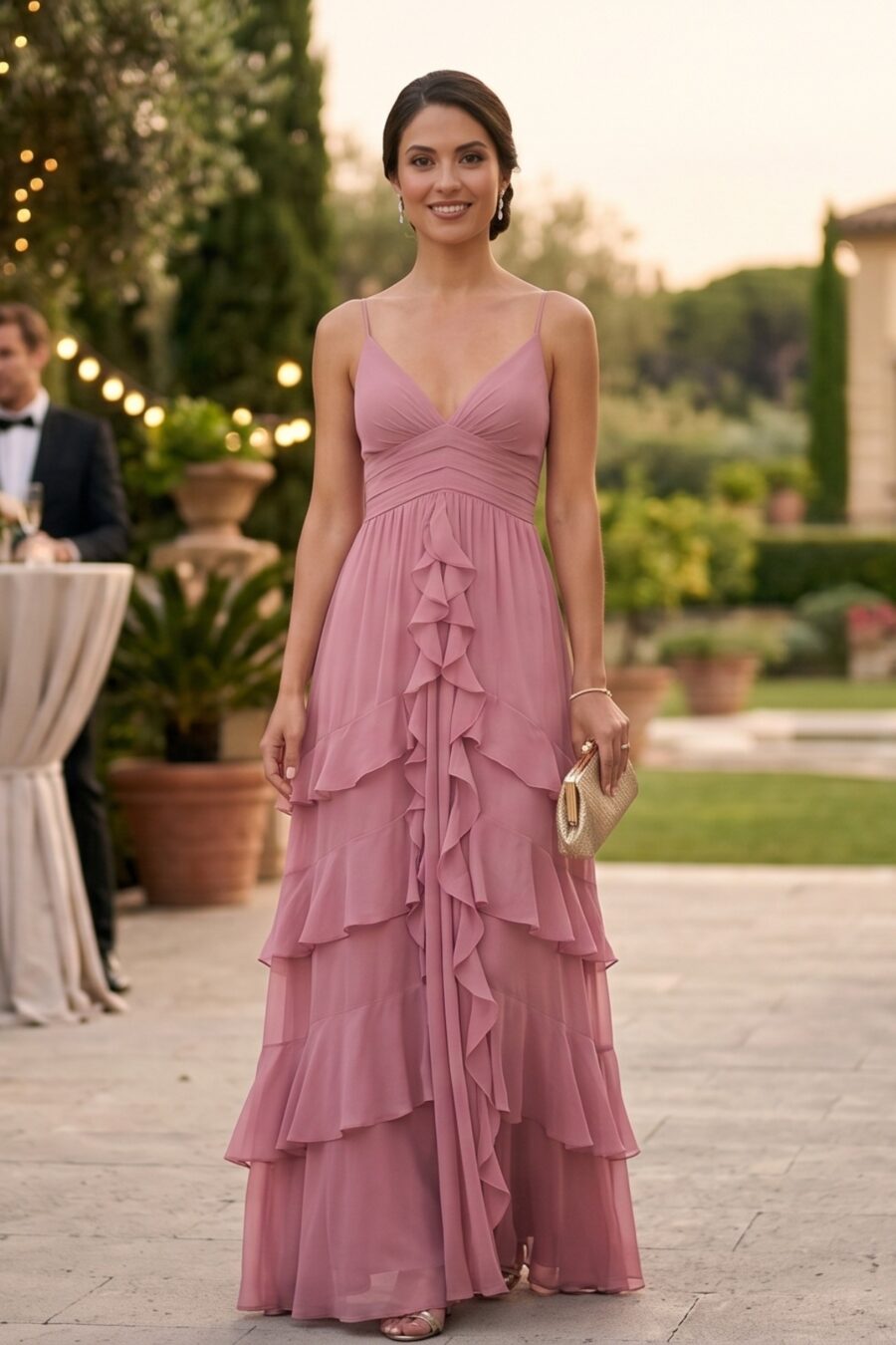 Vestido festa casamento rosa com babados Tarci