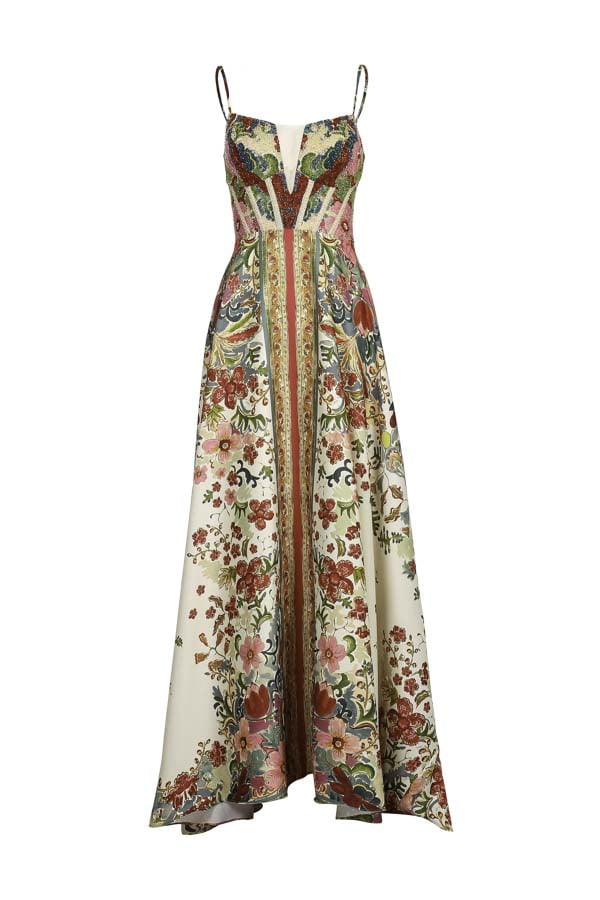 Vestido de festa longo com estampa exclusiva Firenze e bisto bordado a mão, perfeito para madrinha de casamento no campo